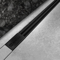 Желоб BERGES водосток напольный SUPER Slim 600 нержавеющая сталь, решетка матовый черный, S-сифон D50/110 вертикальный