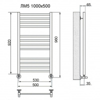 Полотенцесушитель водяной Ника MODERN ЛМ-5 1000x500 RAL9005 черный матовый с вентилями (комплект люкс)