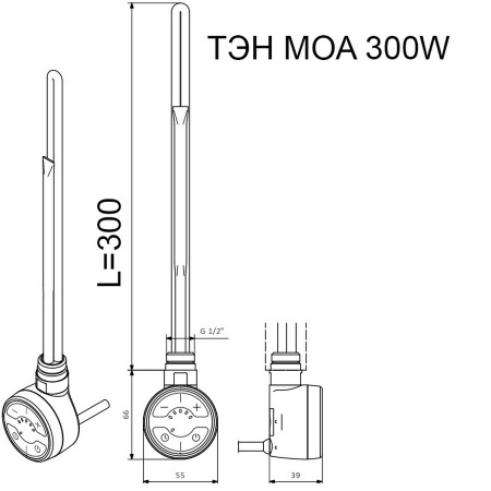 Электрический ТЭН TERMА MOA 300W черный, спиральный кабель с вилкой